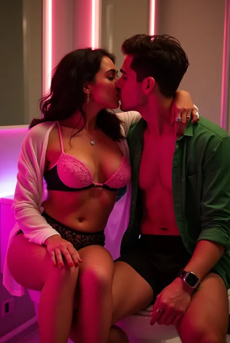  modern lavish bathroom with only dim neon lights, a women wearing a  pink lacey bra with black thong and a white transparent cover up on top,  in the bathroom , wearing red lipstick and net stocking on thigh and legs, camera show full body view, making ou...