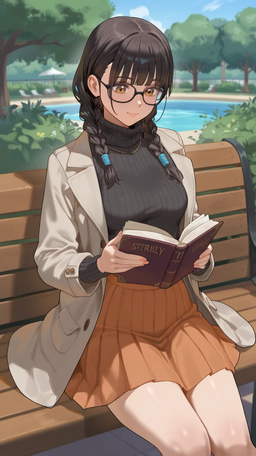 Literary girl with glasses、Reading a small paperback book on a park bench、A light green tote bag is placed beside it、 black hair braids were taken from the orphanage when they were 、 ivory colored high neck sweater、light brown long coat、long orange skirt、D...