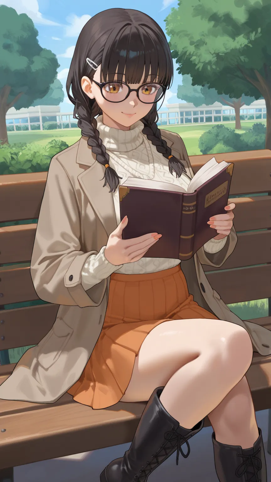 Literary girl with glasses、Reading a small paperback book on a park bench、A light green tote bag is placed beside it、 black hair braids were taken from the orphanage when they were 、 ivory colored high neck sweater、light brown long coat、long orange skirt、D...