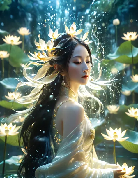 Close up,1 beautiful guan yin goddess in white huanfu，beautiful face，long hair,blingbling water，Motion blurred，many many many fractal plants，Movie-level lighting effects，lotus pose,  on the water, reflection,，Glowing Line,Glow Example，Tracking example，flas...