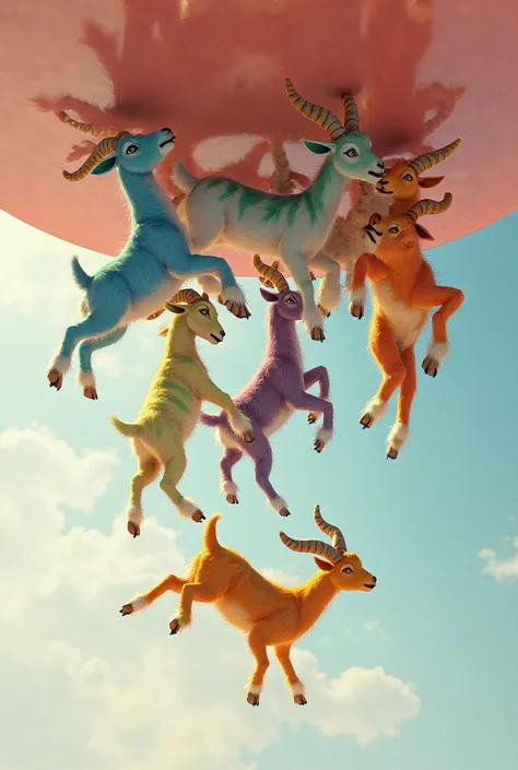 Colored goats crawling on the ceiling