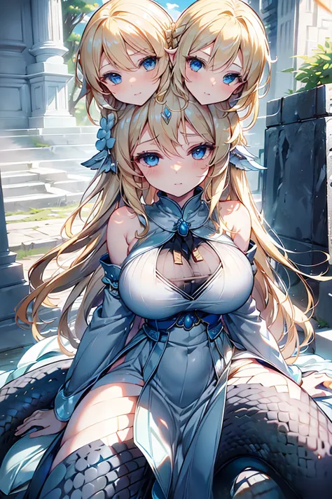 4K,High resolution,One Woman, (masterpiece, best quality), best resolution, 16k, close-up shot, BREAK 1girl, solo, (3heads:1.5), lamia,Blonde,long hair,Blue Eyes,Big Breasts,goddess,White Holy Dress,Winged headgear,Jewelry decoration,Holy Sword,temple