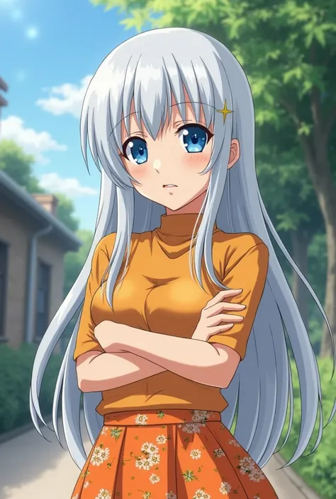 painted sreenshot from Gintama, 30 year old woman, long straight hair, white hair, blue eyes with bright sparkles, pale skin, thick lips, nude 
The woman has a jealous expression 
As for clothes she is wearing an orange top, a flowery orange skirt, some he...