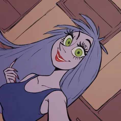  score_9, score_8_up, score_7_up, score_6_up, score_5_up, score_4_up, Sexy Madam Mim, purple hair, purple skin, grey hair, 1girl, long hair, green eyes, ((selfie)), upper body, makeup, blue tank top, lipstick, smile, 
BREAK
indoors, looking at viewer, 