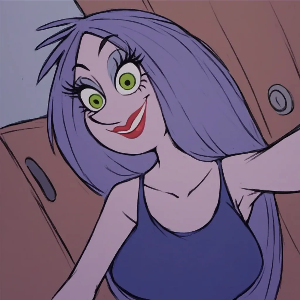  score_9, score_8_up, score_7_up, score_6_up, score_5_up, score_4_up, Sexy Madam Mim, purple hair, purple skin, grey hair, 1girl, long hair, green eyes, ((selfie)), upper body, makeup, blue tank top, lipstick, smile, 
BREAK
indoors, looking at viewer, 