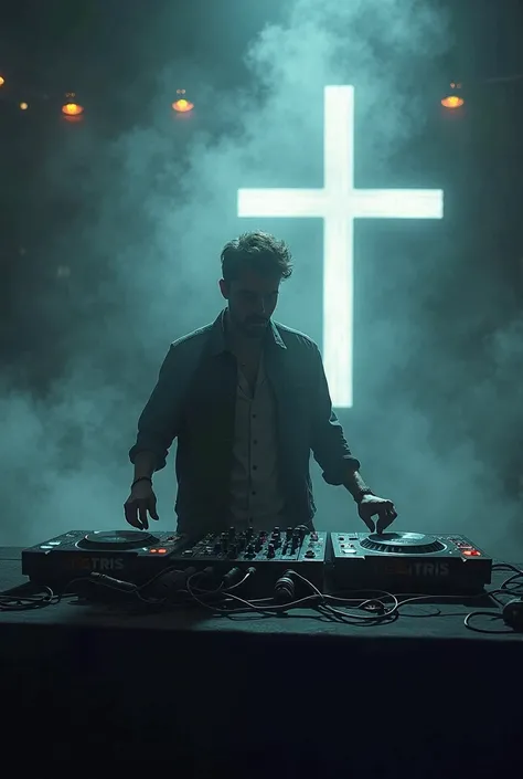 DJ with smoke and a cross 
