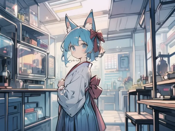 blue hair and eyes　 short　 fox ears　 hakama