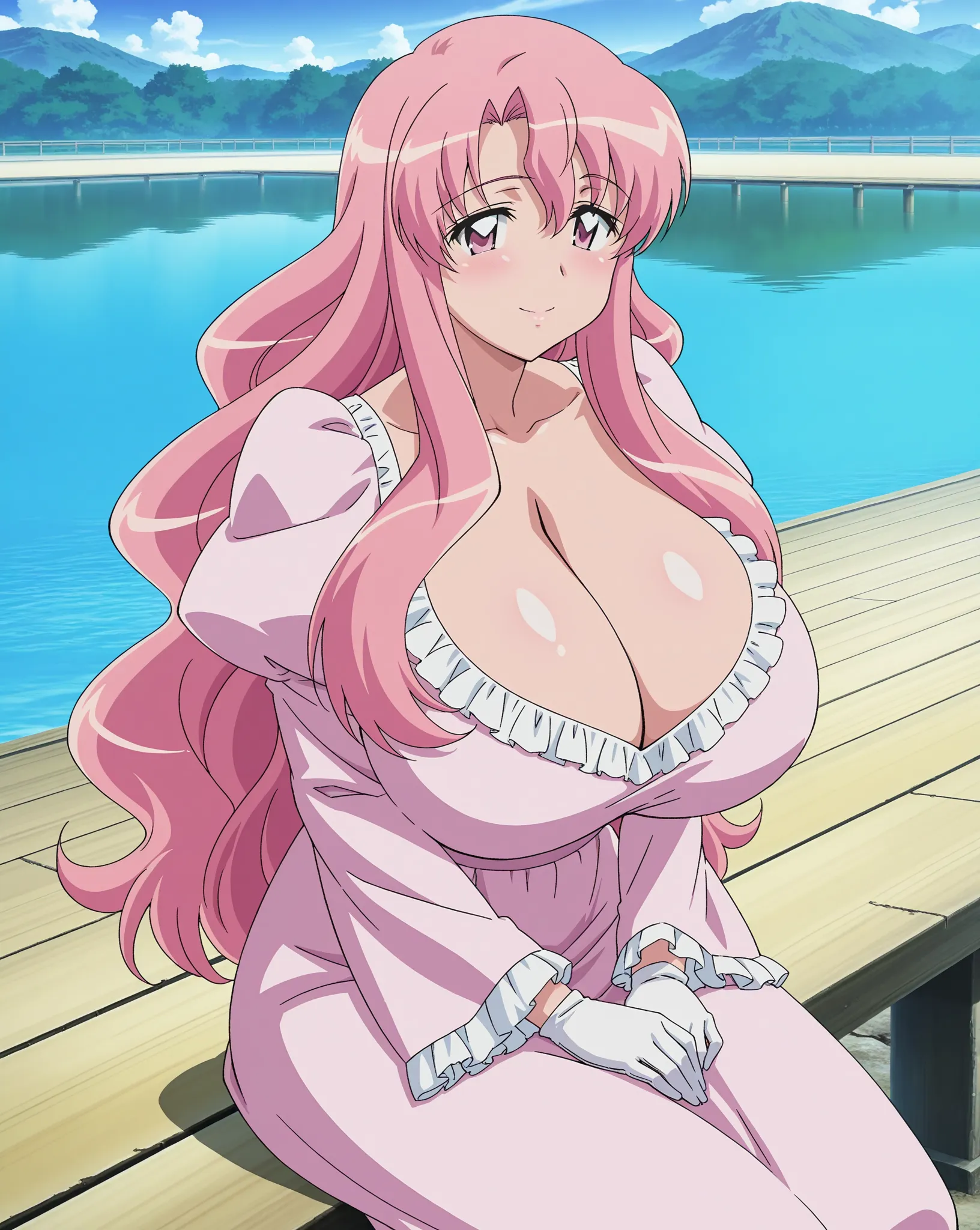 score_9, score_8_up, score_7_up, source_anime, anime coloring, anime screencap, fujii masahiro (artist), 1 mature woman, solo, Cattleya de la fontaine (zero no tsukaima), pink hair, low wavy hair, hair intakes, long hair, long sidelocks, parted bangs, pink...