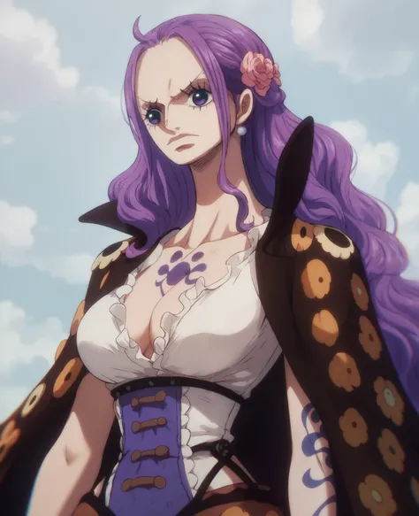 A character from the anime one piece. A woman, purple long hair, steampunk clothes, elegant suit, black tattoo, best quality 