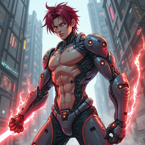 Dark red hair, cyborg, full body, male, anime, lazers