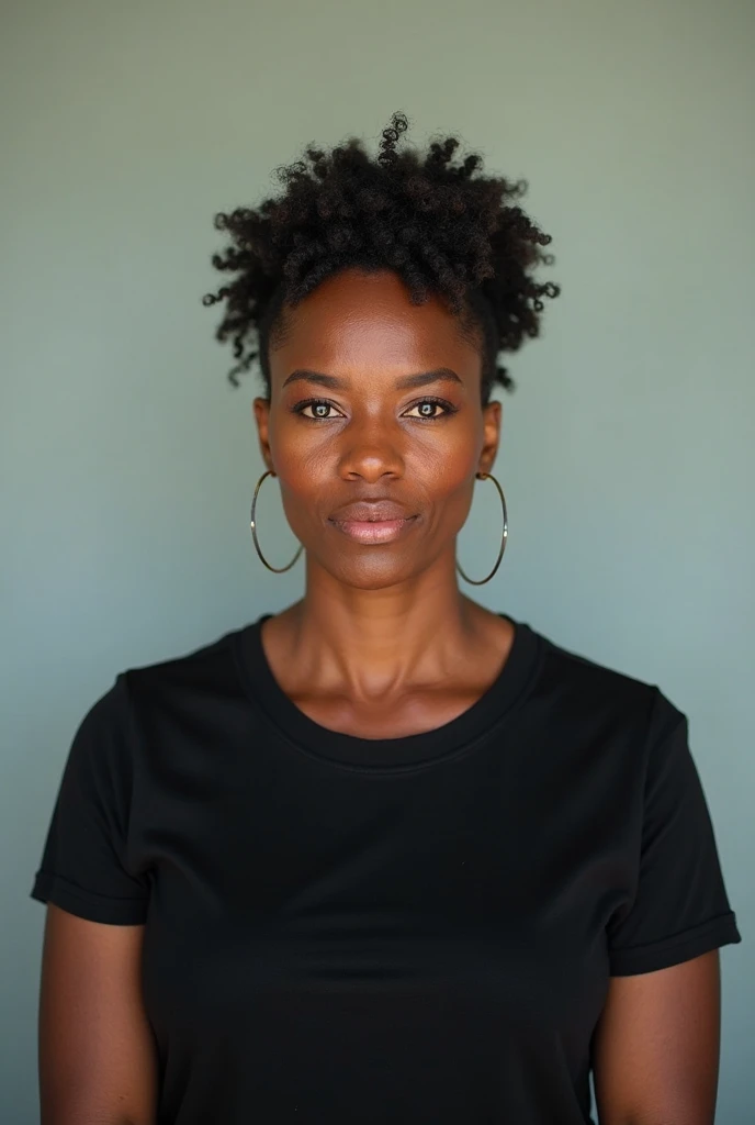 Middle aged african woman wearing a black t shirt clear background