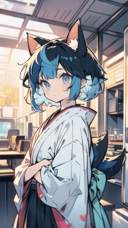 blue hair and eyes　 short　 fox ears　 hakama