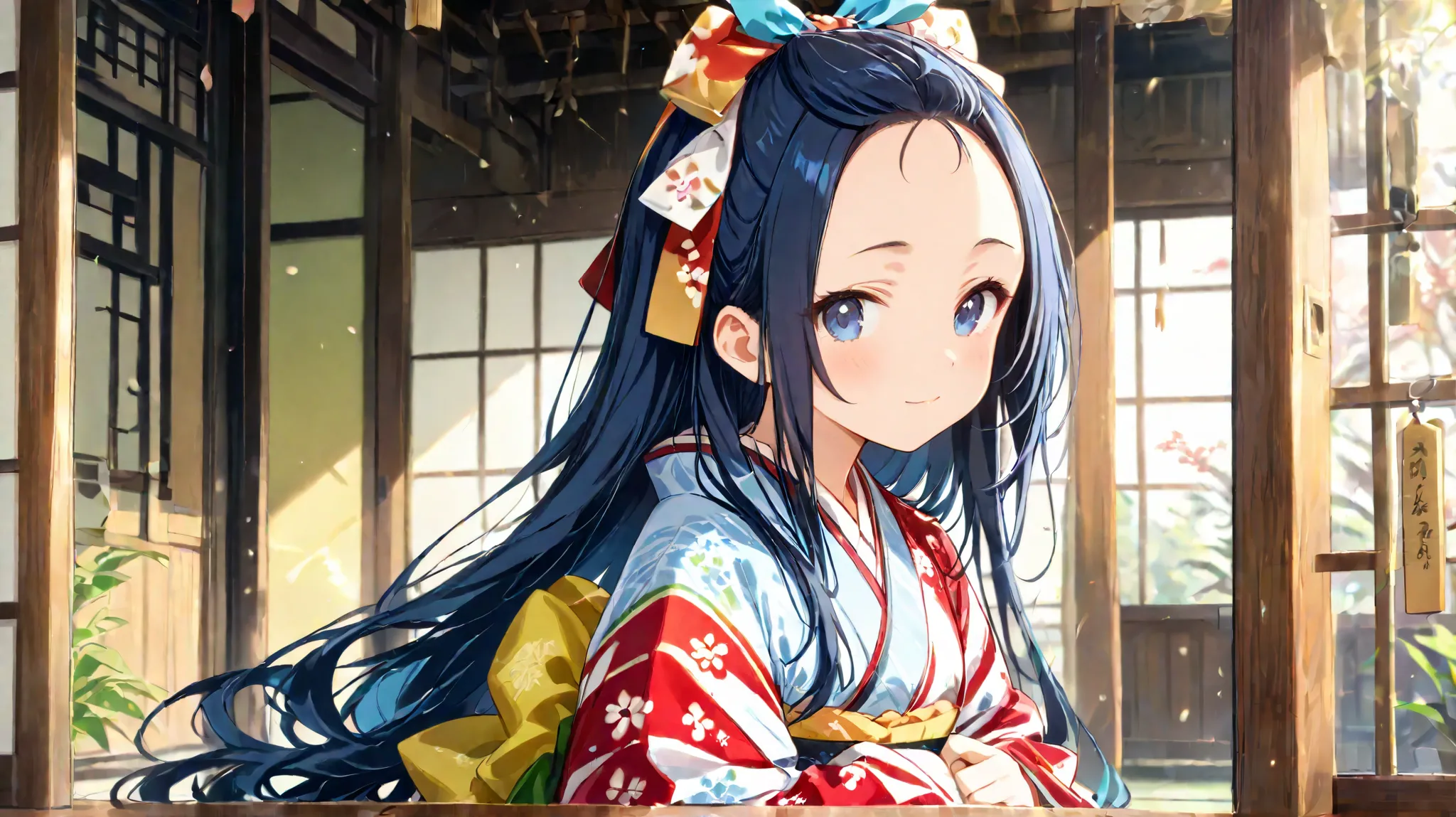  long hair, (  black hair) , bangs、Forehead , 1 girl, solo、 blue hair ribbon 、 kimono、Slightly Bare 、 Costume、cute