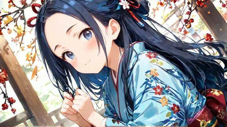 long hair, ( black hair) , bangs、Forehead , 1 girl, solo、 blue hair ribbon 、 kimono、Slightly Bare 、 Costume、cute
