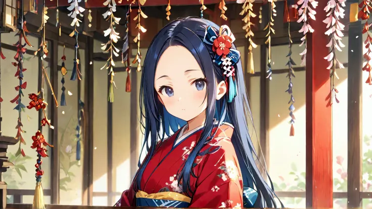 long hair, ( black hair) , bangs、Forehead , 1 girl, solo、 blue hair ribbon 、 kimono、Slightly Bare 、 Costume、cute