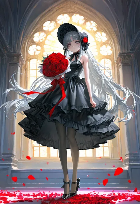 1girl, solo, long hair, looking at viewer, bangs, dress, ribbon, holding, bare shoulders, very long hair, full body, flower, grey hair, pantyhose, frills, sleeveless, black footwear, black dress, high heels, grey eyes, petals, sleeveless dress, rose, frill...