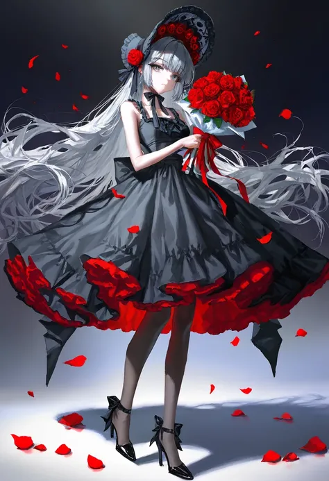 1girl, solo, long hair, looking at viewer, bangs, dress, ribbon, holding, bare shoulders, very long hair, full body, flower, grey hair, pantyhose, frills, sleeveless, black footwear, black dress, high heels, grey eyes, petals, sleeveless dress, rose, frill...