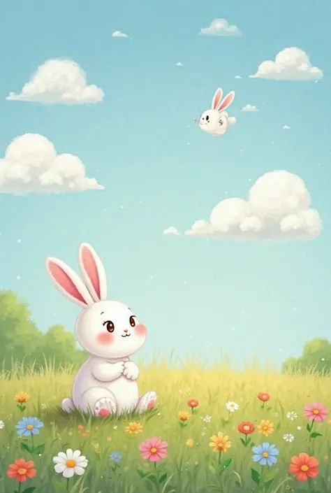 Page 1:
picture: Little white rabbit sitting looking at the sky in the meadow
Page 8:
picture: The little rabbit says thank you to the clouds and smiles happily
Page 7:
picture: Little rabbit in the colorful flower forest
Page 6:
picture: Little bunny clou...