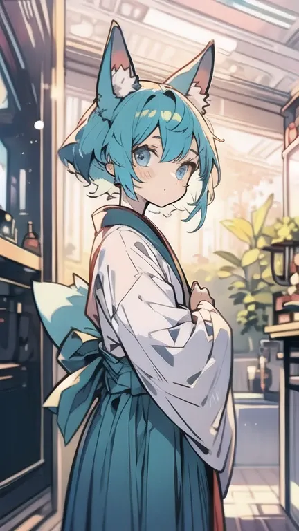 blue hair and eyes　 short　 fox ears　 hakama