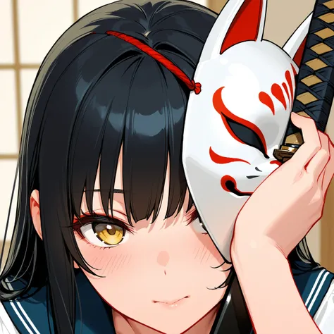 8k,masterpiece, best quality, ultra detailed, high resolution, super fine illustration, Schoolgirl with a Japanese sword,Beautiful girl with long black hair,
Hiding her face with a fox mask,