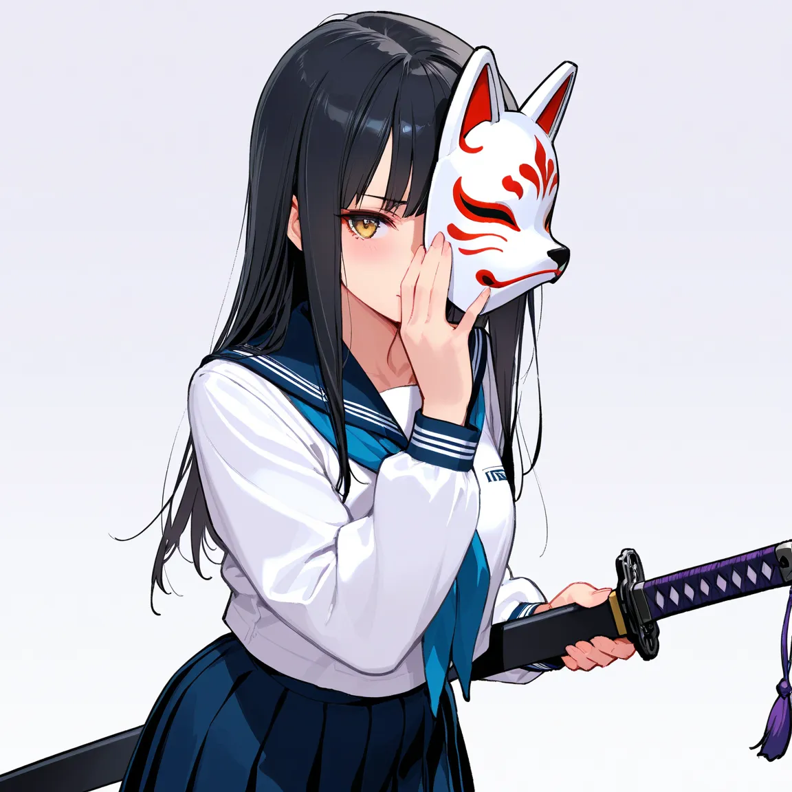 8k,masterpiece, best quality, ultra detailed, high resolution, super fine illustration, Schoolgirl with a Japanese sword,Beautiful girl with long black hair,
Hiding her face with a fox mask,