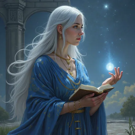 city,  goddess of vows and promises ,  she's a majestic and solemn entity ,  Silence、Determination、そしてDeterminationのオーラを放っている . Her silver hair, smooth and long,  falls gently on her back ,   reflecting soft light 、like Quoris' oath and thread of promise ....