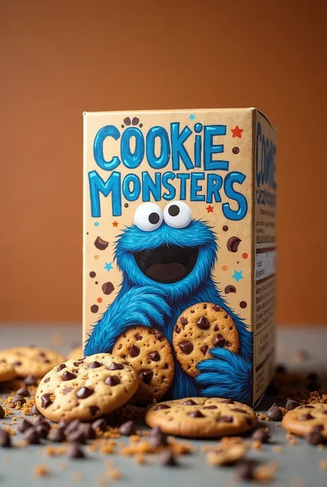 I wanted the front of a box of cookies with chocolate chips, that says "Cookie monsters" and may the monster look like the one from Sesame Street 