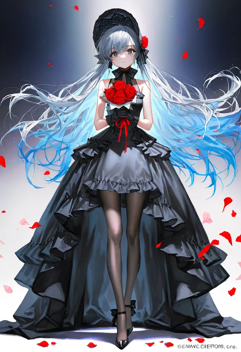 Cheonjo-in Katsura，Blue Hair， 1girl , Alone, long hair, looking at viewer, bangs, dress, ribbon, holding, bare shoulders, very long hair, full body, flower, grey hair, pantyhose, frills, sleeveless, black footwear, black dress, high heels, grey eyes, petal...