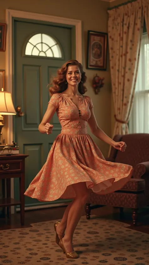 old photo 1960, girl 25 years old in 1960s clothes, smiling, dancing in room, record player on table next to her, 60s atmosphere. --ar 9:16 --style raw --stylize 750