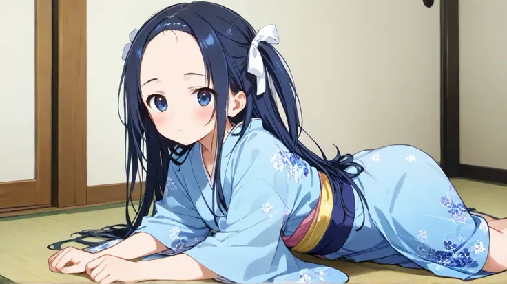 long hair, ( black hair) , bangs、Forehead , 1 girl, solo、 blue hair ribbon 、 blue kimono、Slightly Bare 、 Costume、high quality、cute、