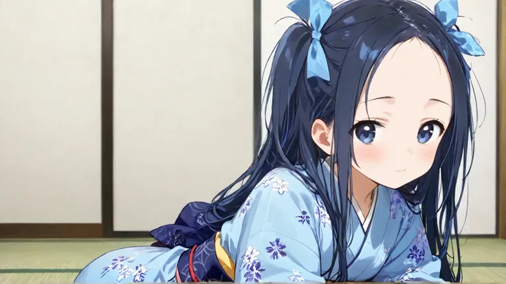 long hair, ( black hair) , bangs、Forehead , 1 girl, solo、 blue hair ribbon 、 blue kimono、Slightly Bare 、 Costume、high quality、cute、
