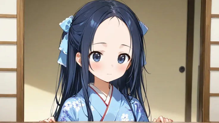 long hair, ( black hair) , bangs、Forehead , 1 girl, solo、 blue hair ribbon 、 blue kimono、Slightly Bare 、 Costume、high quality、cute、