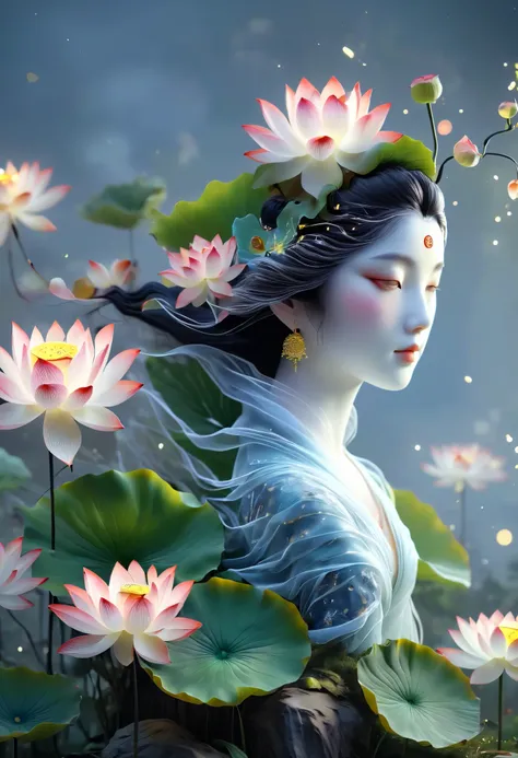 (best quality,4K,8k,High resolution,masterpiece:1.2), super detailed, (Actual,lifelike,lifelike:1.37),perfect job，（（（Beautiful magic Guan yin，long black hair，）））beautiful face。lotus，Frost，transparent。clear crystal glass，high dynamic range，ultra high defini...