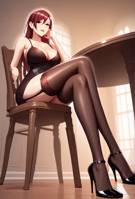 ((masterpiece)),(((best quality)),((very detailed)),((illustration)),(solo),
1 girl,(( gyong-eun, slim waist, wide hips, beautiful skin, beautiful red hair, beautiful long hair, clear eyes, sharp red eyes, hair between eyes, beautiful eyes, big and thick b...