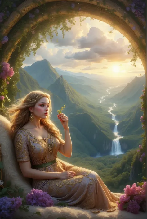 ((Beautiful Elf goddess)), beautiful, lies on a beautiful fur sofa in beautiful snow-white black, beautiful golden patterns, very beautiful clouds and soft light from the sun, beautiful golden glitter, gently falls across the sky, hearts are floating aroun...