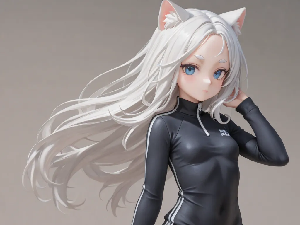  The picture shows a cat girl. girl with long white flowing hair,open-forehead ,  white eyebrows ,  blue eyes run her ;  in a very short tight black top and loose sweatpants of the same color.