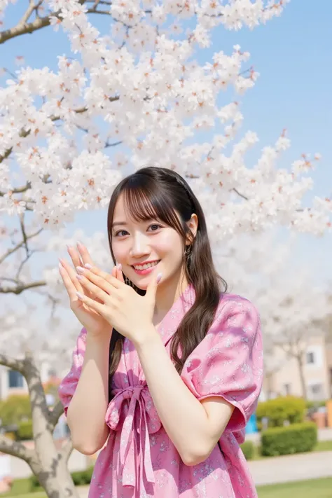 "A cute Japanese girl in a pink yukata, smiling and catching cherry blossom petals in a park during full bloom. The background features vibrant cherry trees and a soft blue sky."