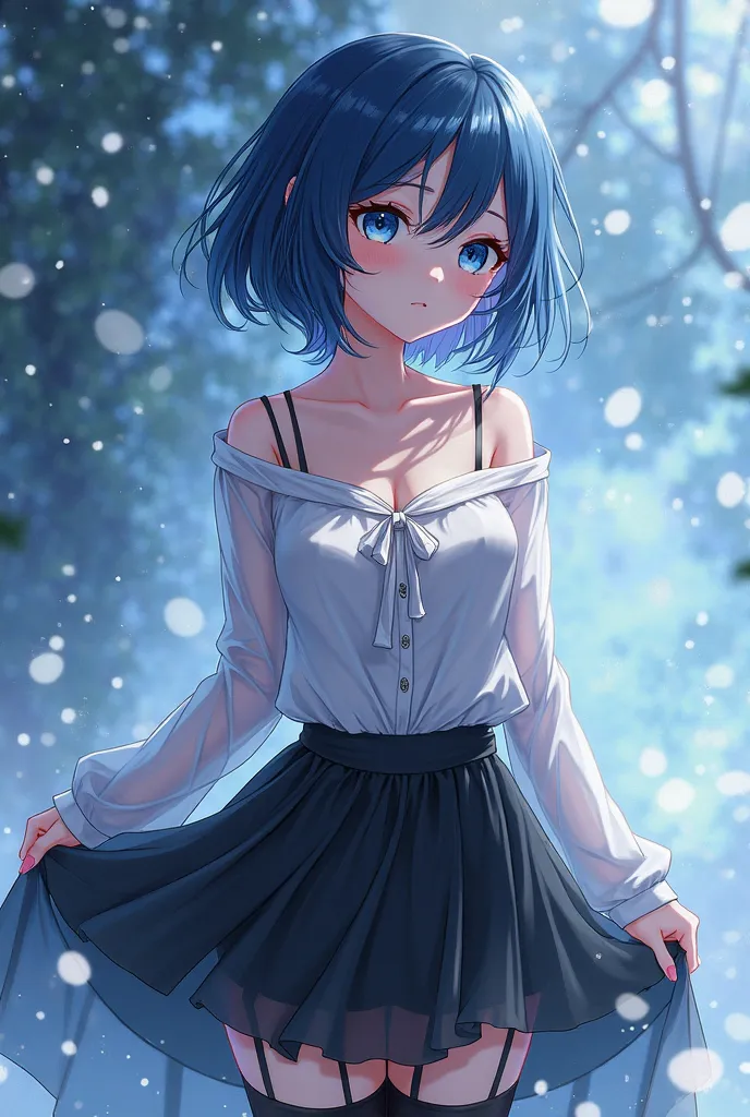 Hakki , She&#39;s an anime girl , Black-haired with short blue,  blue eyes and white skin , with a black skirt,with some tights on her legs, and a semi-transparent shirt,  light particles,  white with blue , And well focused with sexy touches