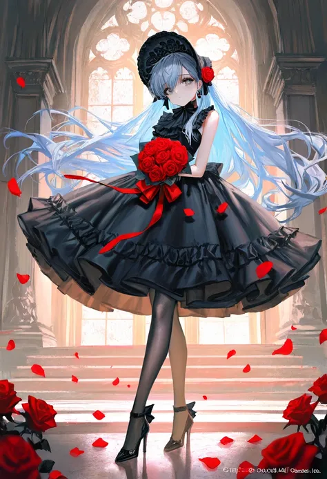 Cheonjo-in Katsura，Blue Hair， 1girl , Alone, long hair, looking at viewer, bangs, dress, ribbon, holding, bare shoulders, very long hair, full body, flower, grey hair, pantyhose, frills, sleeveless, black footwear, black dress, high heels, grey eyes, petal...