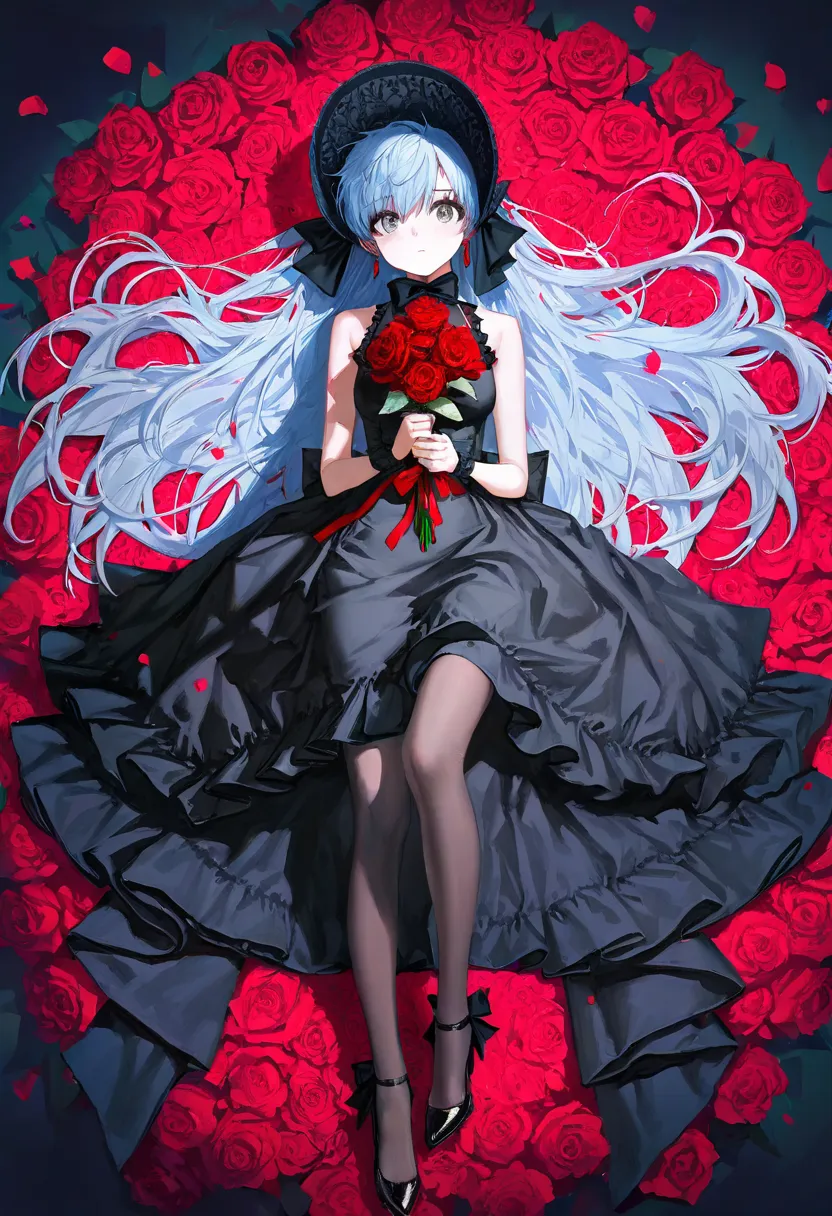 Cheonjo-in Katsura，Blue Hair， 1girl , Alone, long hair, looking at viewer, bangs, dress, ribbon, holding, bare shoulders, very long hair, full body, flower, grey hair, pantyhose, frills, sleeveless, black footwear, black dress, high heels, grey eyes, petal...