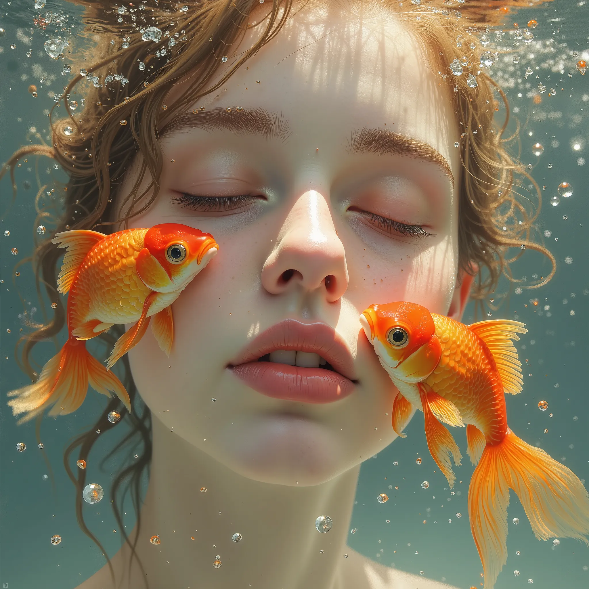 A serene, Her skin looks like porcelain, underwater world, focus on a woman's face.  Impressionist style, luminous, with two goldfish, Golden glow streaks throughout the picture.  her eyes closed, Close-up portrait of a young woman, creates a soft atmosphe...