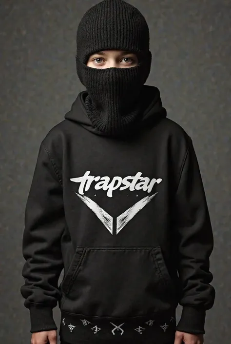 A boy who wears a balaclava with a black sweater with a trapstar logo and the TOAVINA pattern at the bottom. 