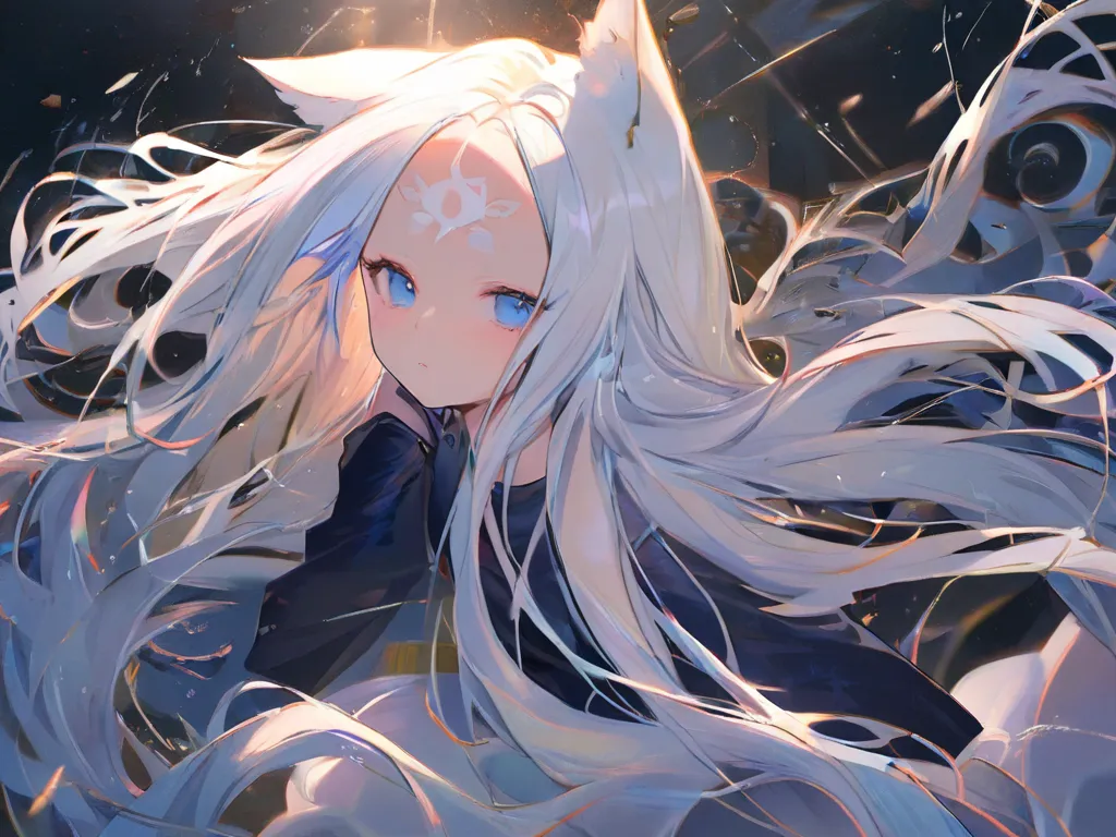  The picture shows a cat girl. girl with long white flowing hair,open-forehead ,  white eyebrows ,  blue eyes run her ;  in a very short tight black top and loose sweatpants of the same color.