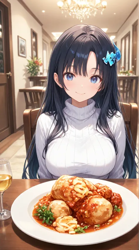 masterpiece,large breasts, long hair, (black hair1.5) , bangs,  happy,（1girl1.5）, 青リボン、Blue hairs ornament, 18 years ,ribbed sweater, focus、looking at viewer，full head,Resutoran,sitting chair,Dinner Party