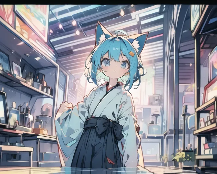 blue hair and eyes　 short　 fox ears　 hakama