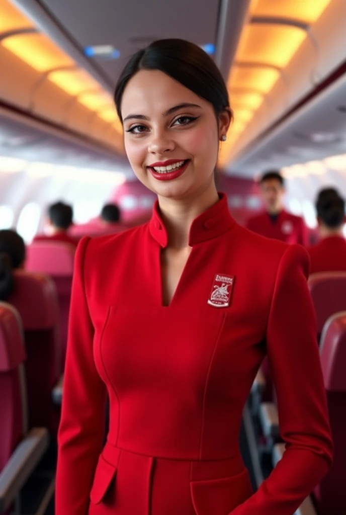 Flight attendant of emirates with red uniform, age is 25 years old