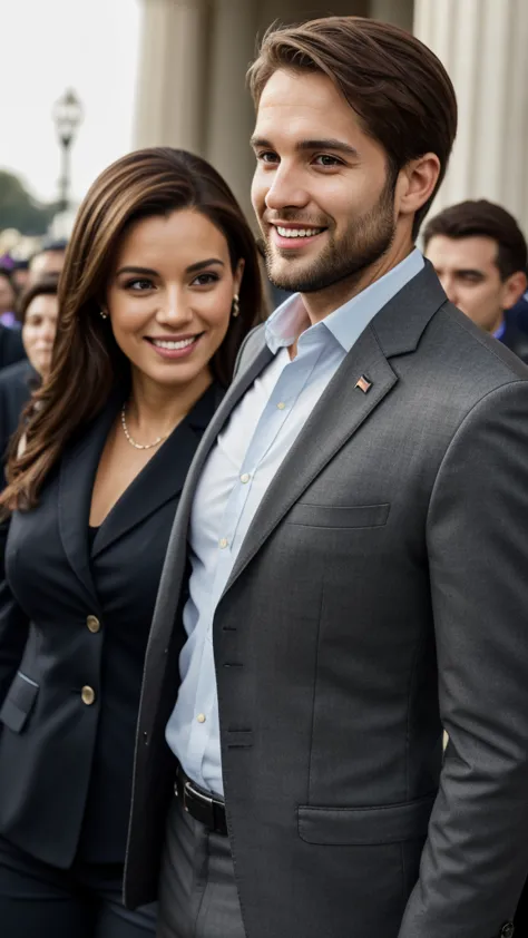 A 30-year-old man, with brown hair, a black blazer and gray blouse and black pants, (in The Presidential Inauguration Ceremony ), taking with a Wife and s, olhos verdes, olhos azuis, light smile, light blone hair, (hyperrealistic), light smile, Realism, Ca...