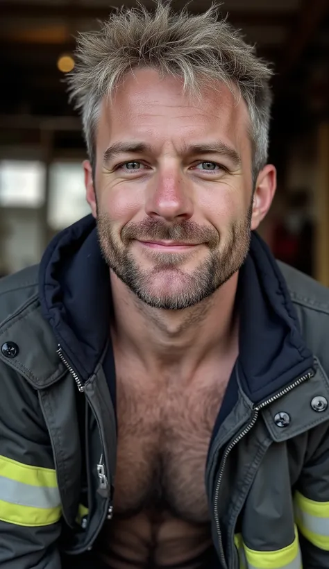 masterpiece, best quality, high resolution, closeup portrait, male focus, solo focus, A man, 30 years old, with firefighter uniform, firefighter suit, firefighter, messy hair, blonde silverish hair, messy hairstyle, smirk, cute and seductive face, bare ch...