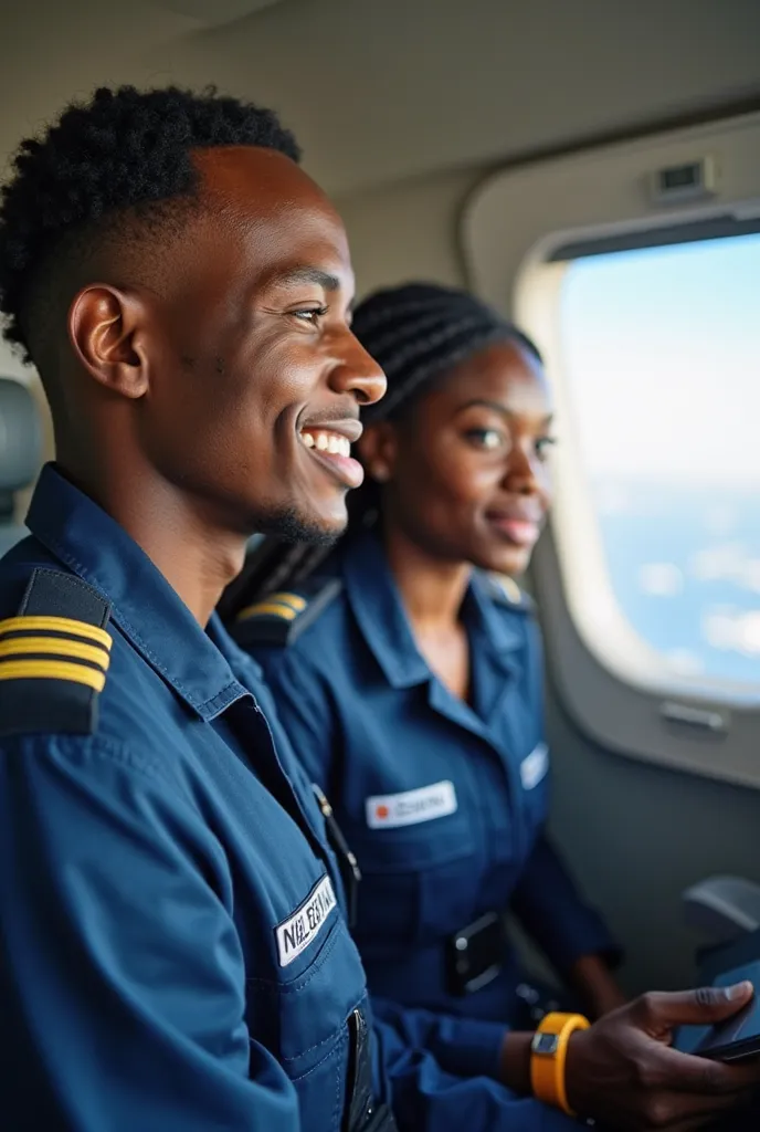 In an airforce airplane at the United States of America Aviation Institution, Nathan, a 24 year old handsome Nigerian-igbo man, tall, light in complexion, neat low fade hairstyle, wearing a pair of blue airforce uniforms, a handsome and friendly pilot-in-t...