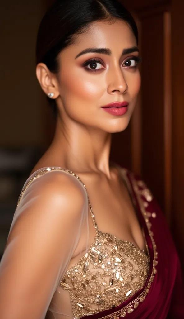 Generate a half body image of a woman in a sleeveless transparent maroon saree. The satin blouse is golden colour has mirror sequins with satin finish. Sharp focus to the face. Lips with red lipstick. One side of blouse is completely exposed. 